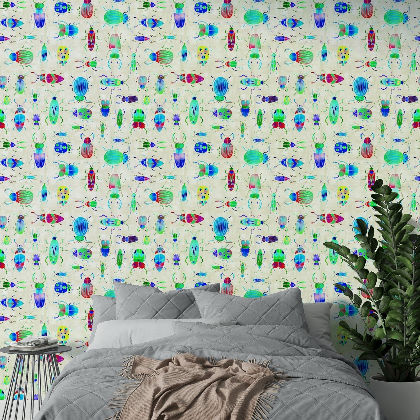 Glossy blue wallpaper with jewel-toned insects in motion.

