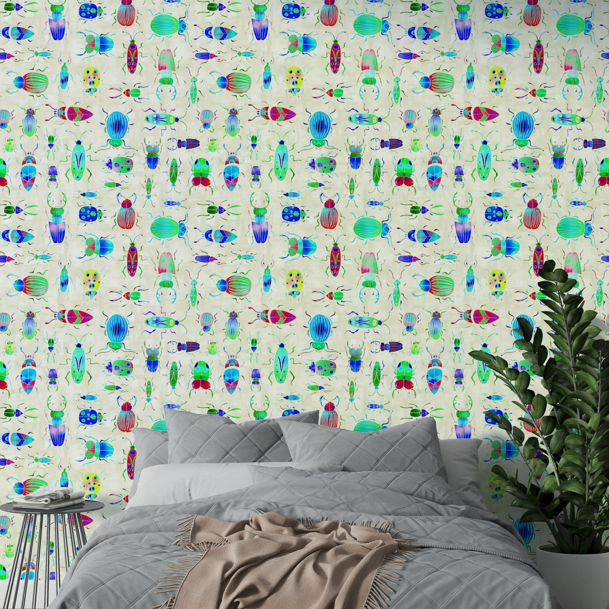 Glossy blue wallpaper with jewel-toned insects in motion.

