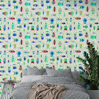 Glossy blue wallpaper with jewel-toned insects in motion.

