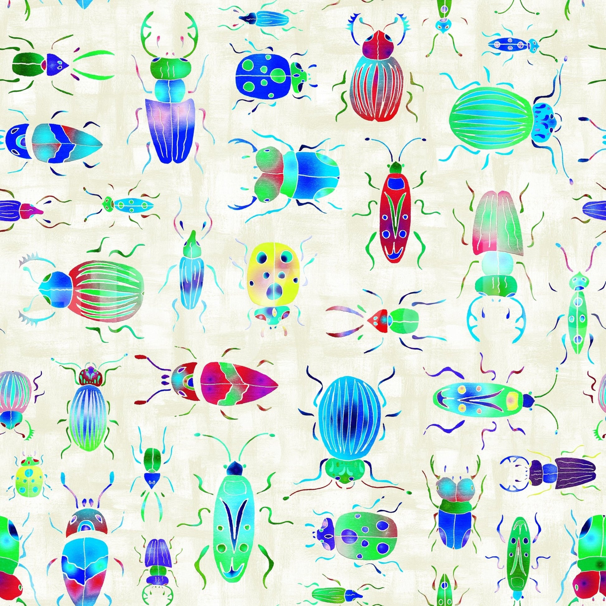 Bold wallpaper design combining blue pearl tones and bugs.

