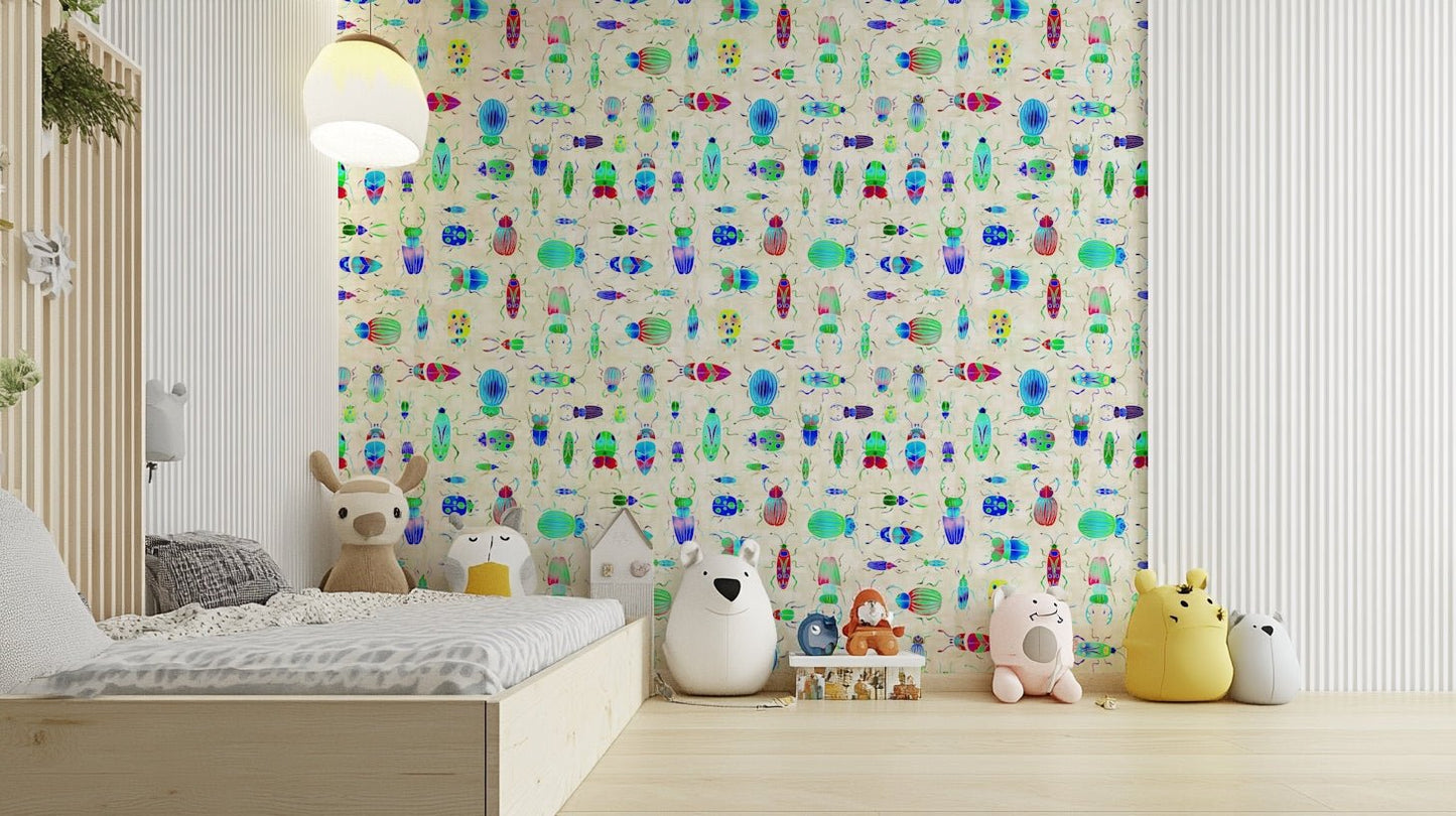 Whimsical wallpaper with bold bugs and a luxe blue shine.

