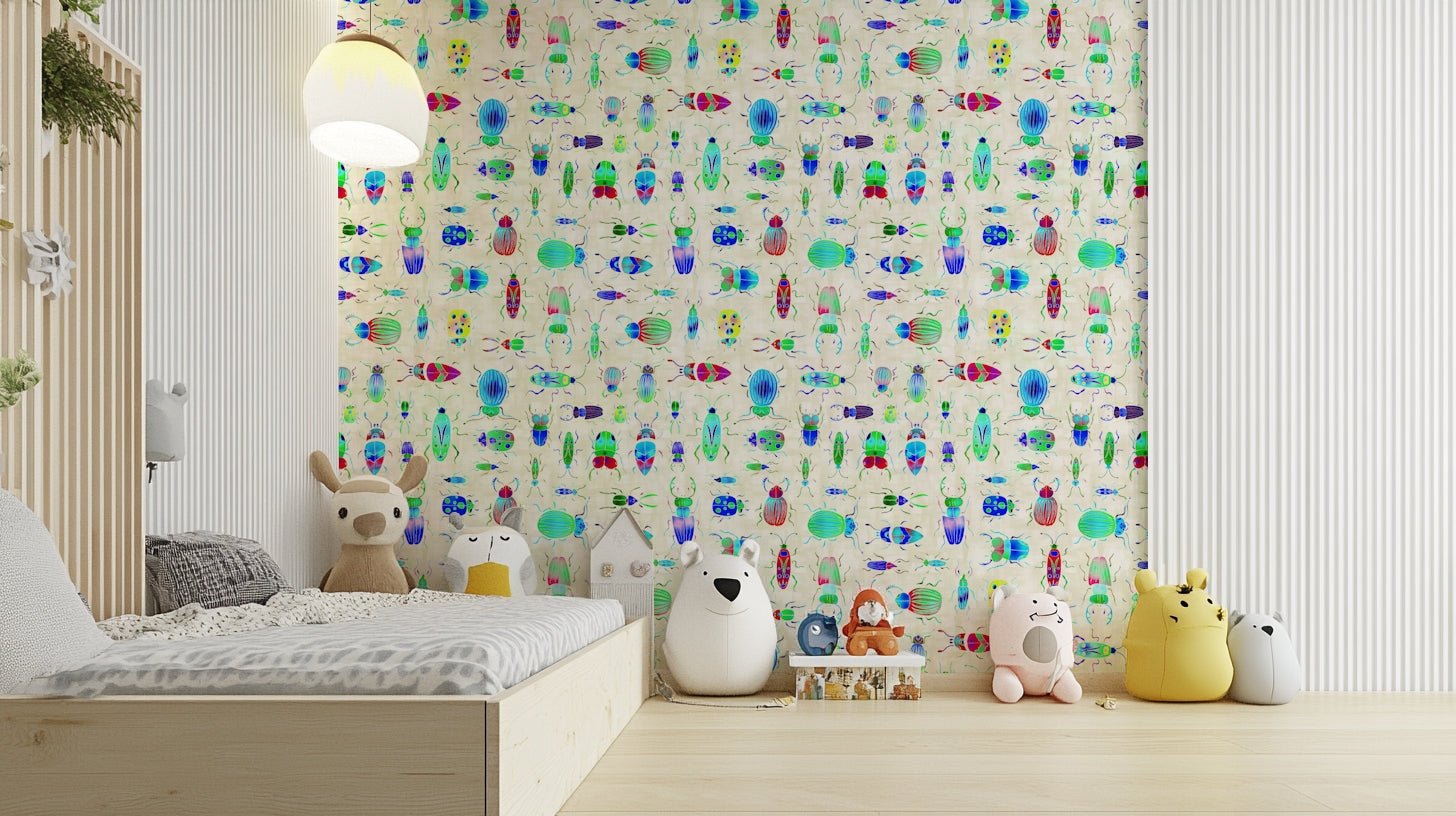 Whimsical wallpaper with bold bugs and a luxe blue shine.

