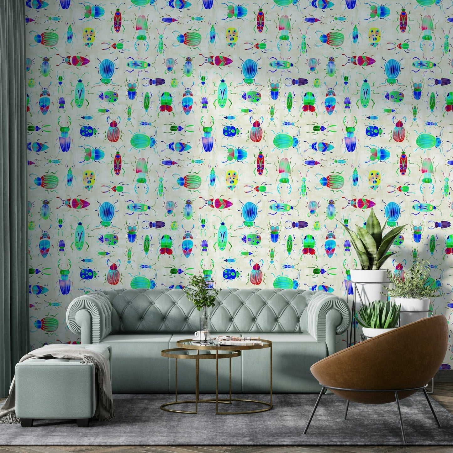 Playful insect-themed wallpaper on metallic blue background.

