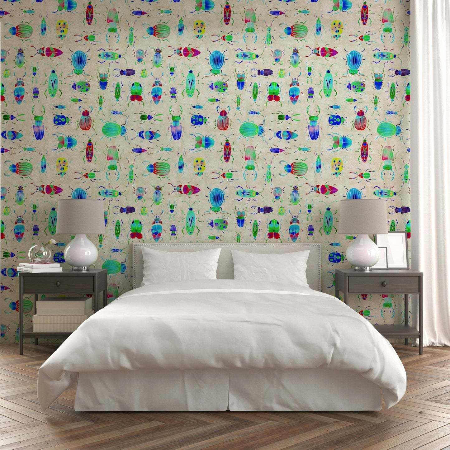 Vibrant bug pattern wallpaper with shimmering blue effect.

