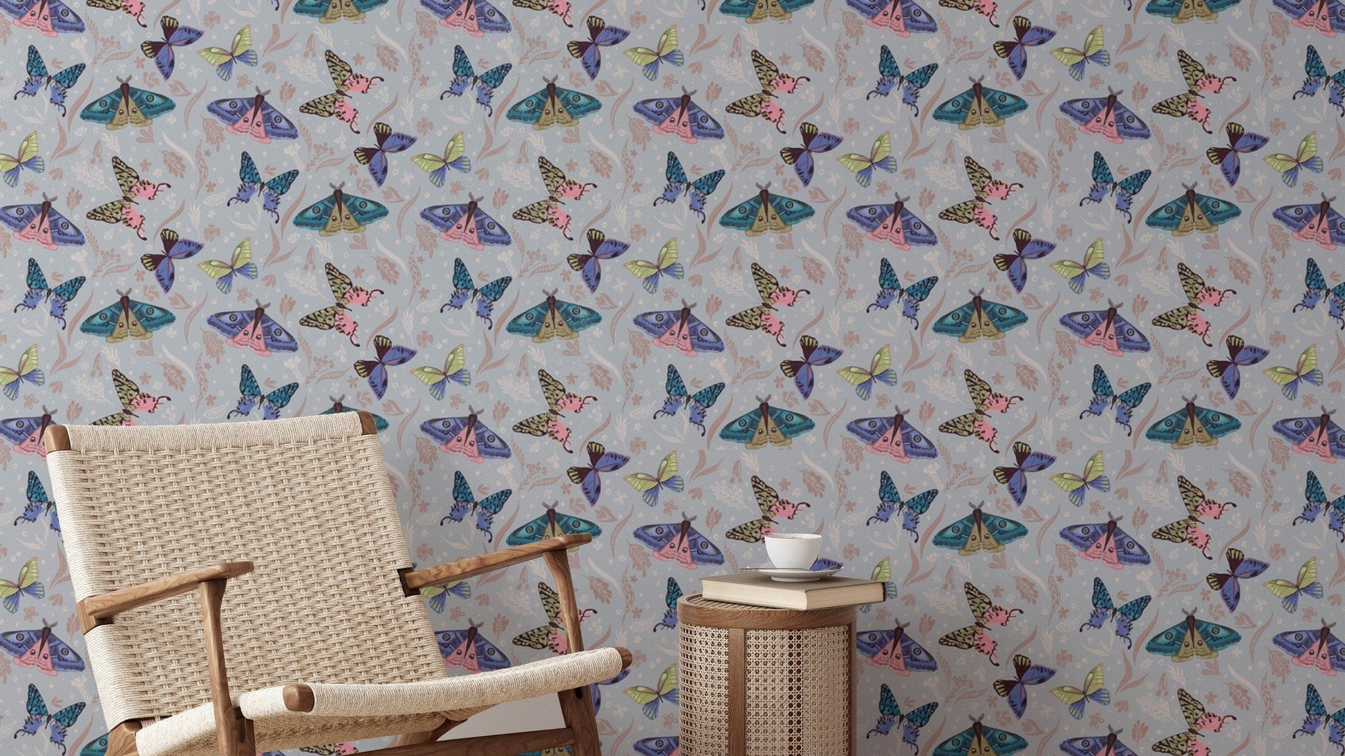 Whimsical butterfly pattern wallpaper with bold, colorful designs.
