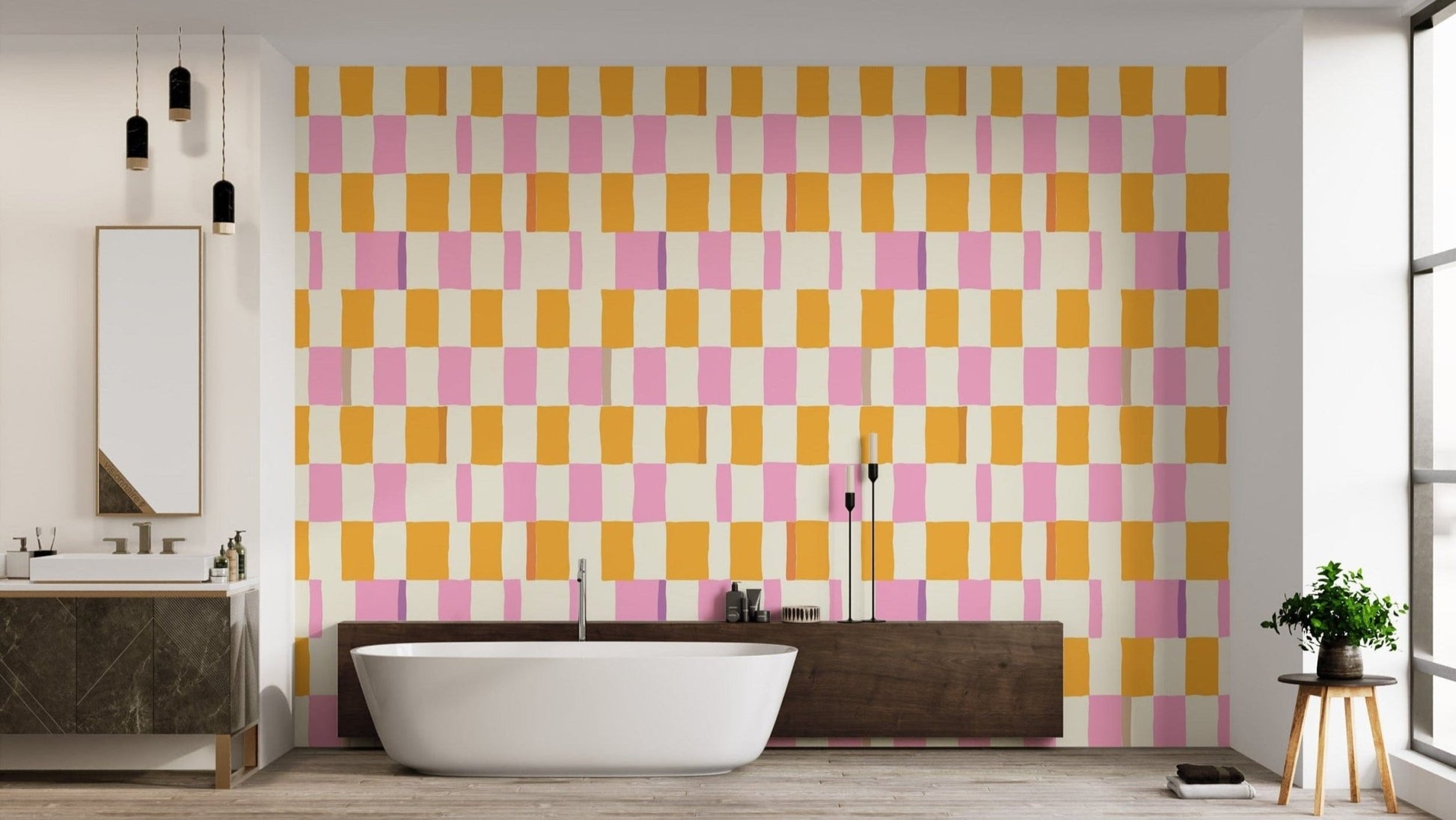 Reusable wallpaper with vibrant checkered patterns