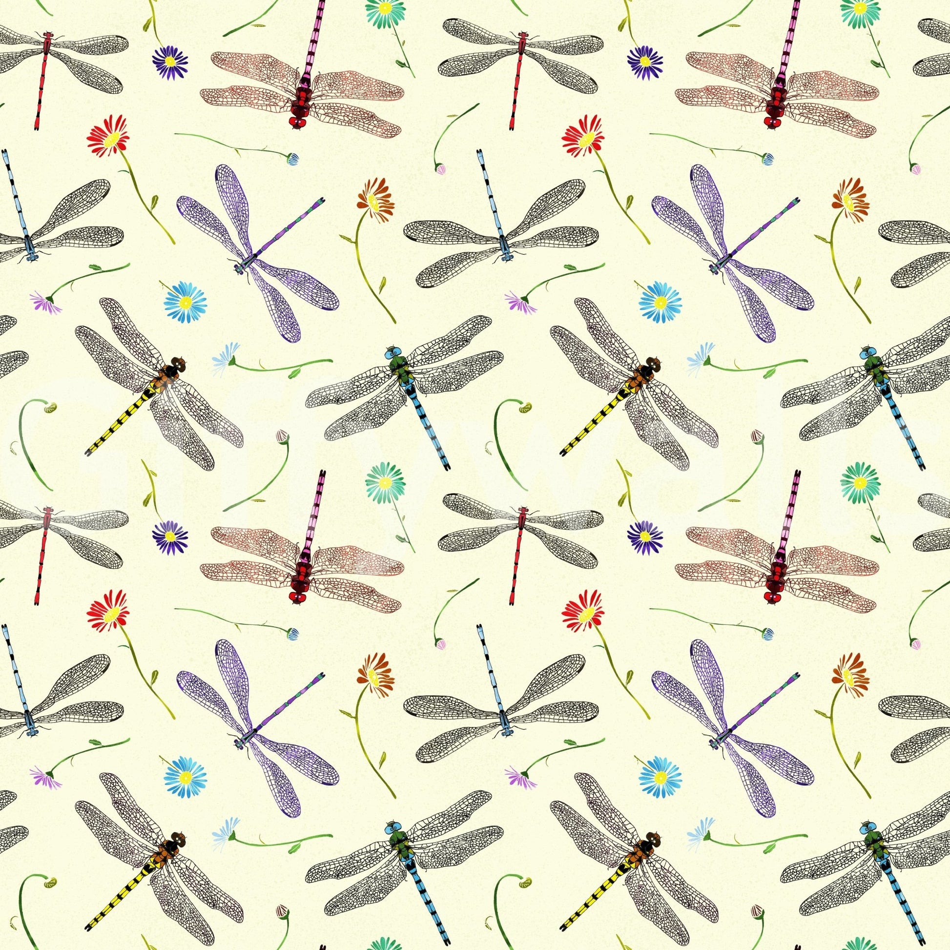 Artistic mural wallpaper with dragonflies, damselflies, and foliage.

