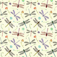 Artistic mural wallpaper with dragonflies, damselflies, and foliage.

