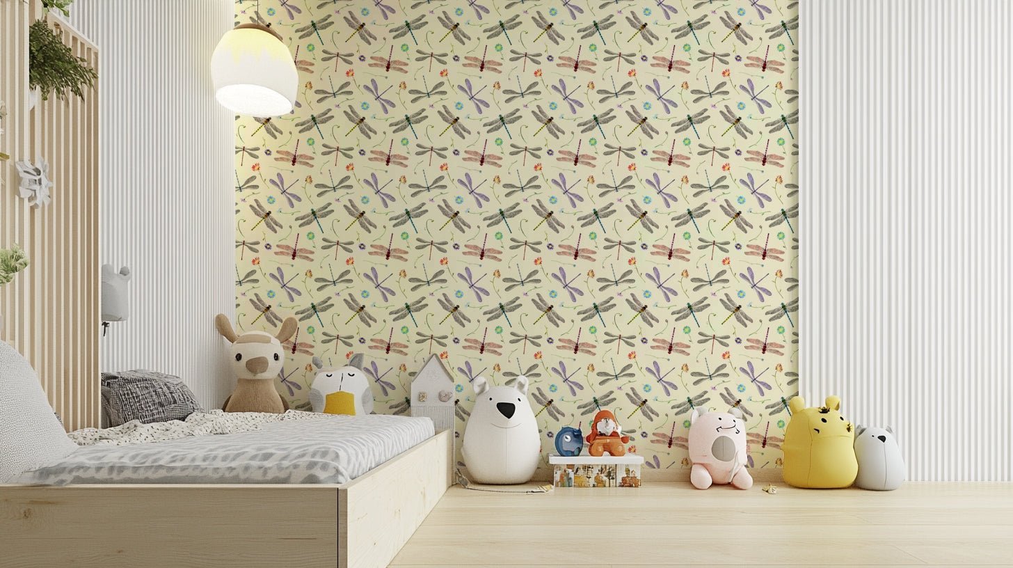 Kids room wallpaper featuring colorful flying bugs in playful style.

