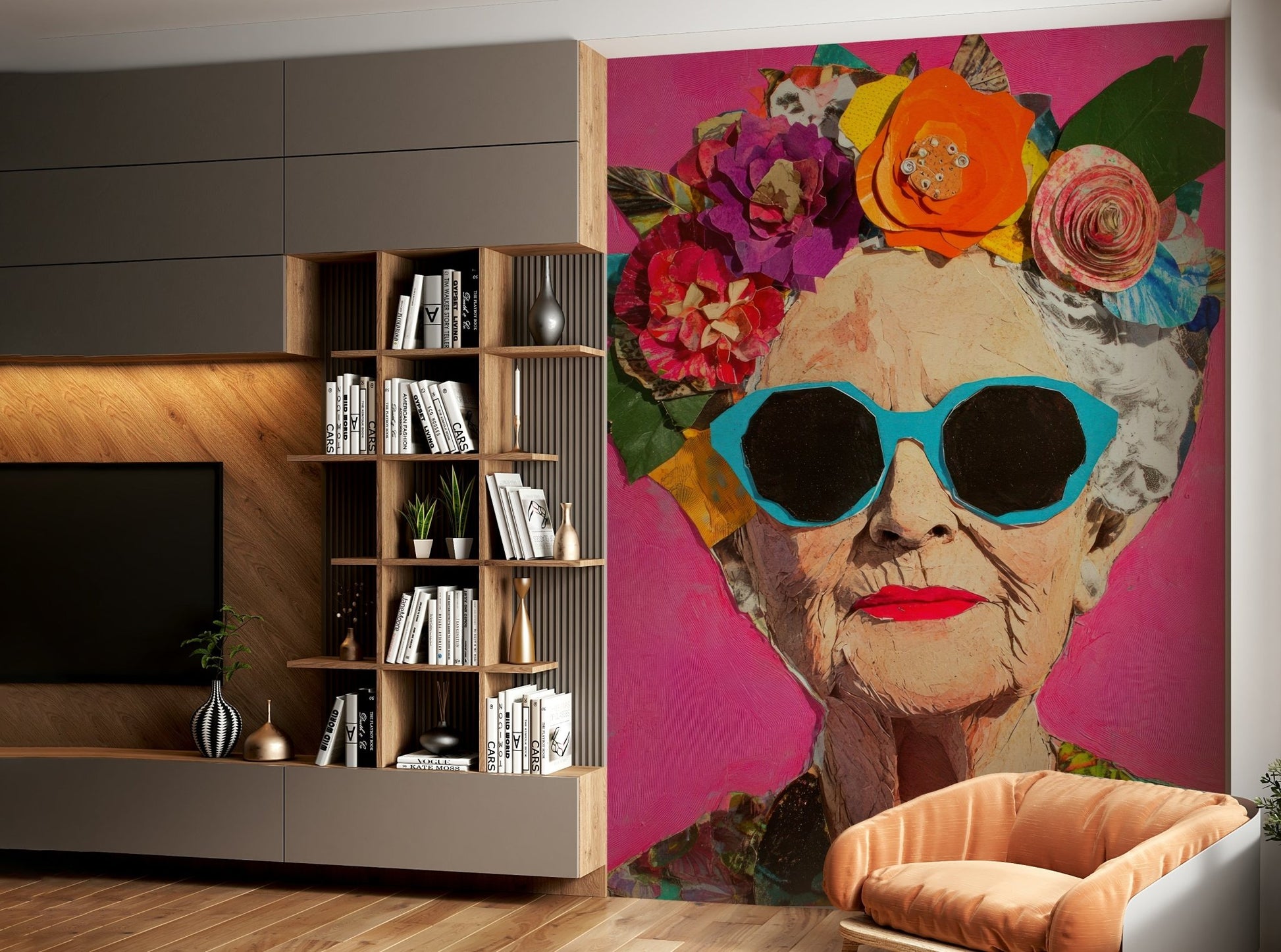 a painting of an elderly woman with a floral headpiece


