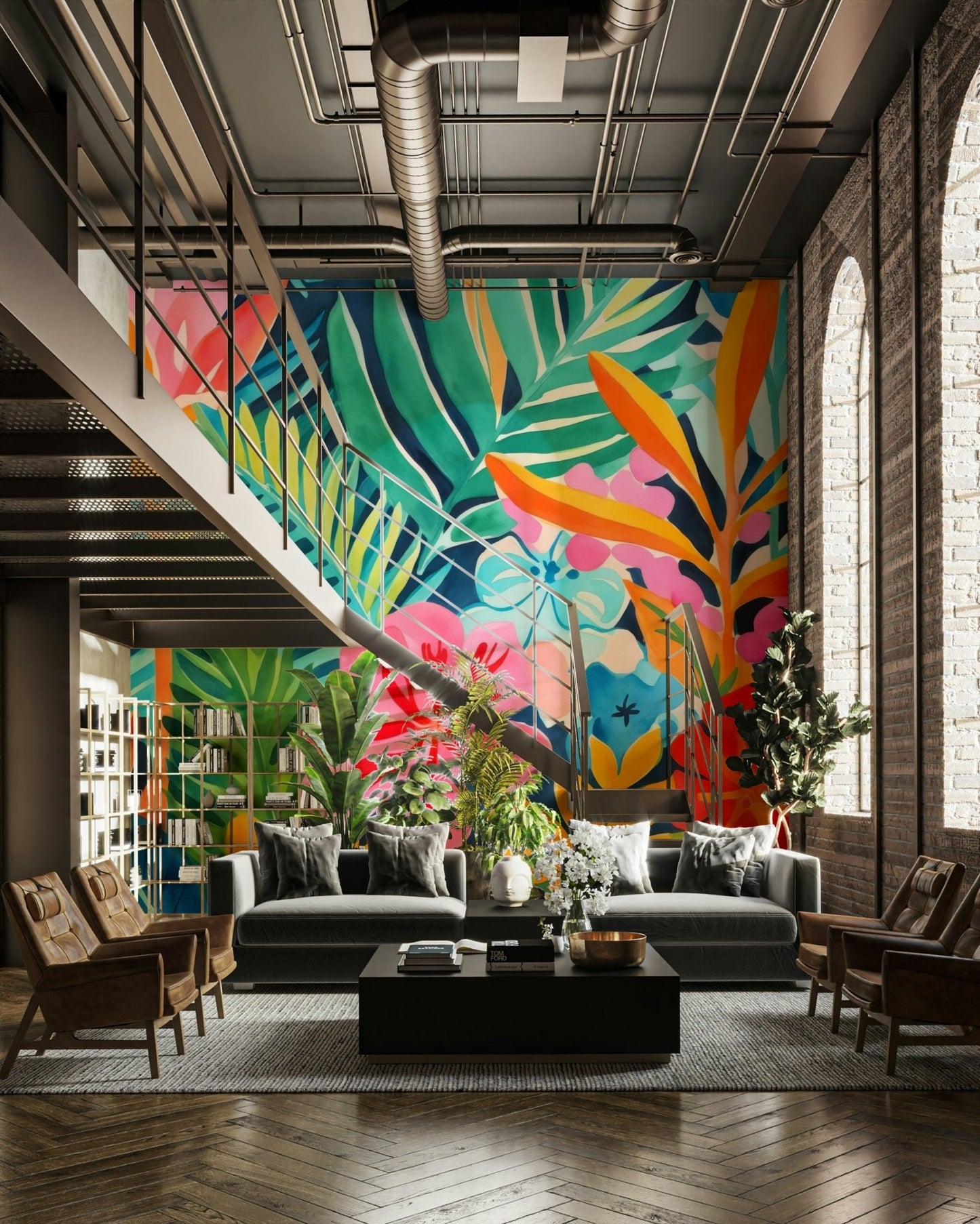A dining room with a unique tropical design

