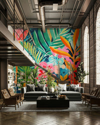 A dining room with a unique tropical design

