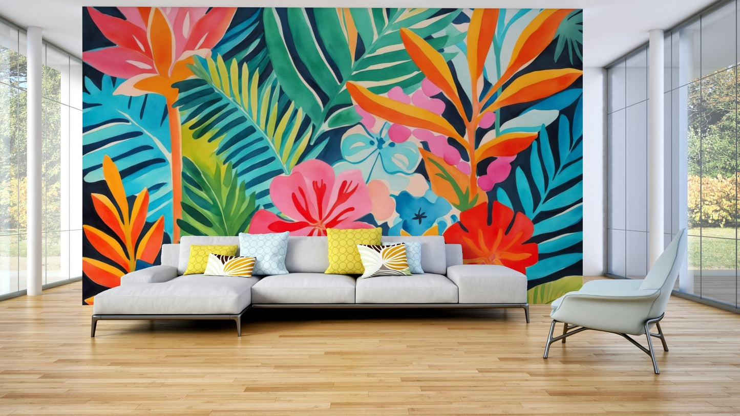 An angled shot of a wall with bright tropical wallpaper

