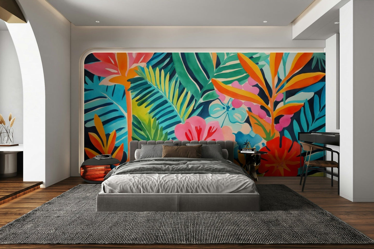 A seamless pattern of tropical plants and colors on a wall

