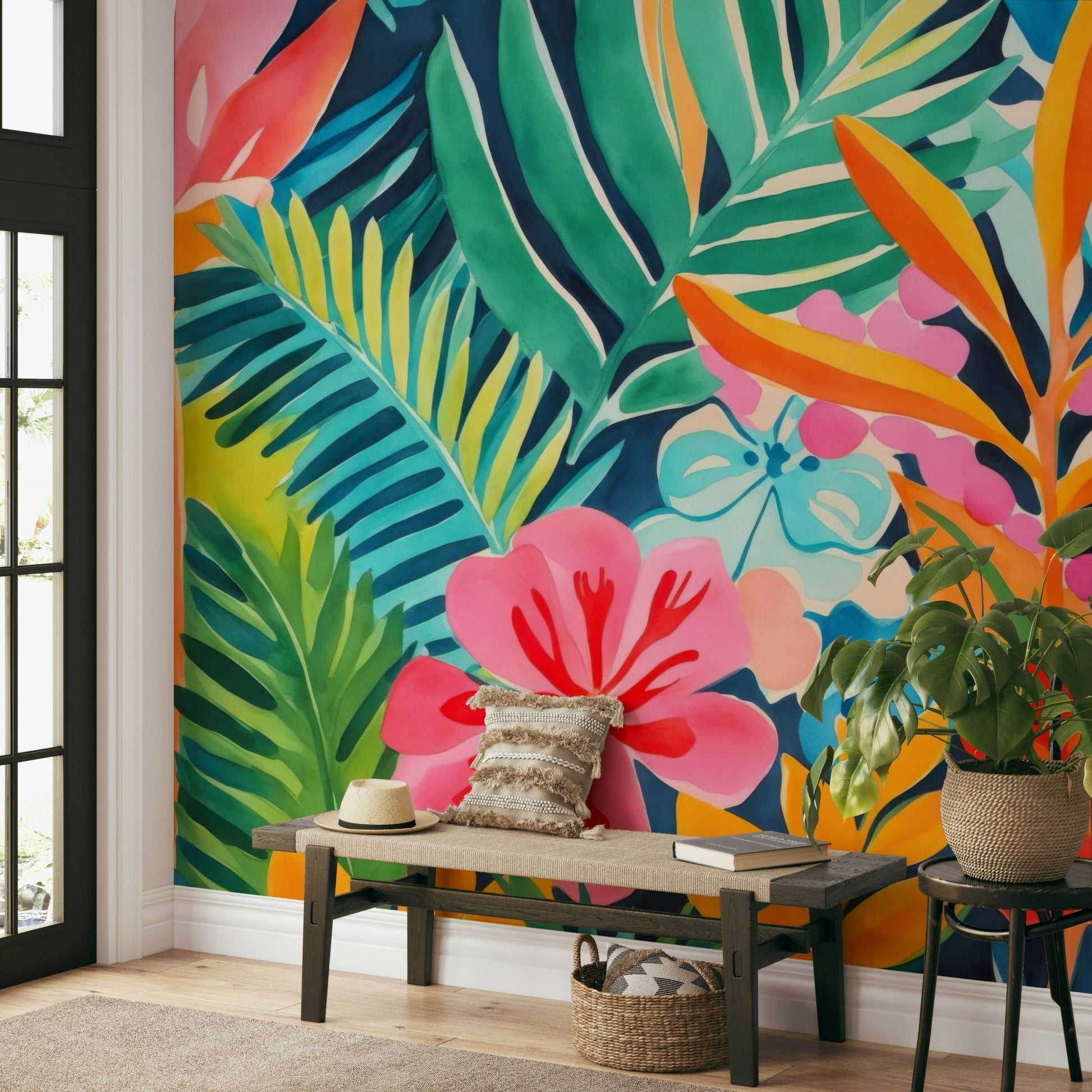 An interior with a lush and exotic accent wall

