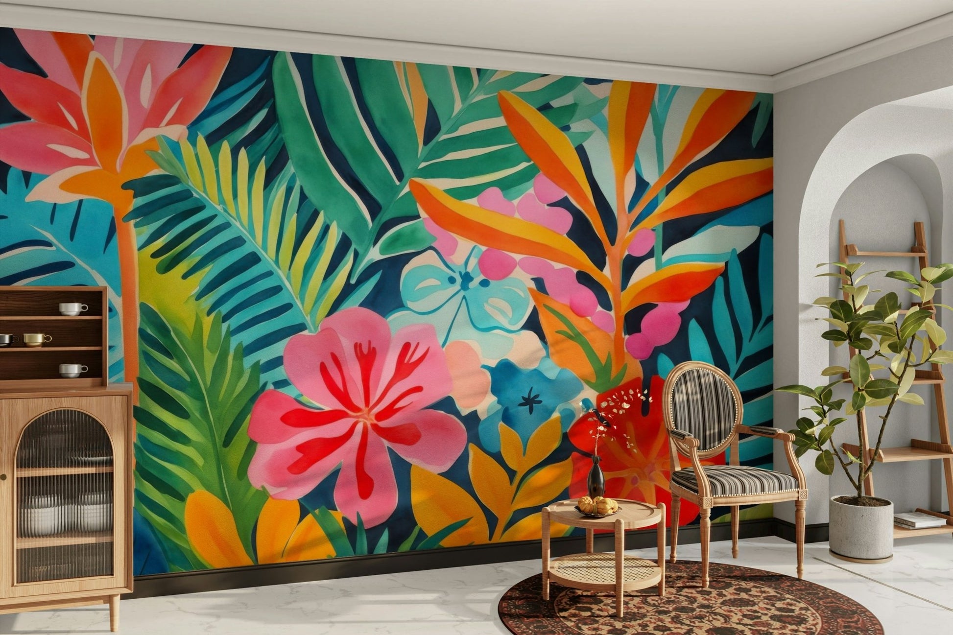 A dining area decorated with a colorful tropical mural

