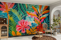 A dining area decorated with a colorful tropical mural

