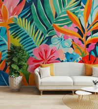 Detailed view of the colorful, lush foliage and butterflies

