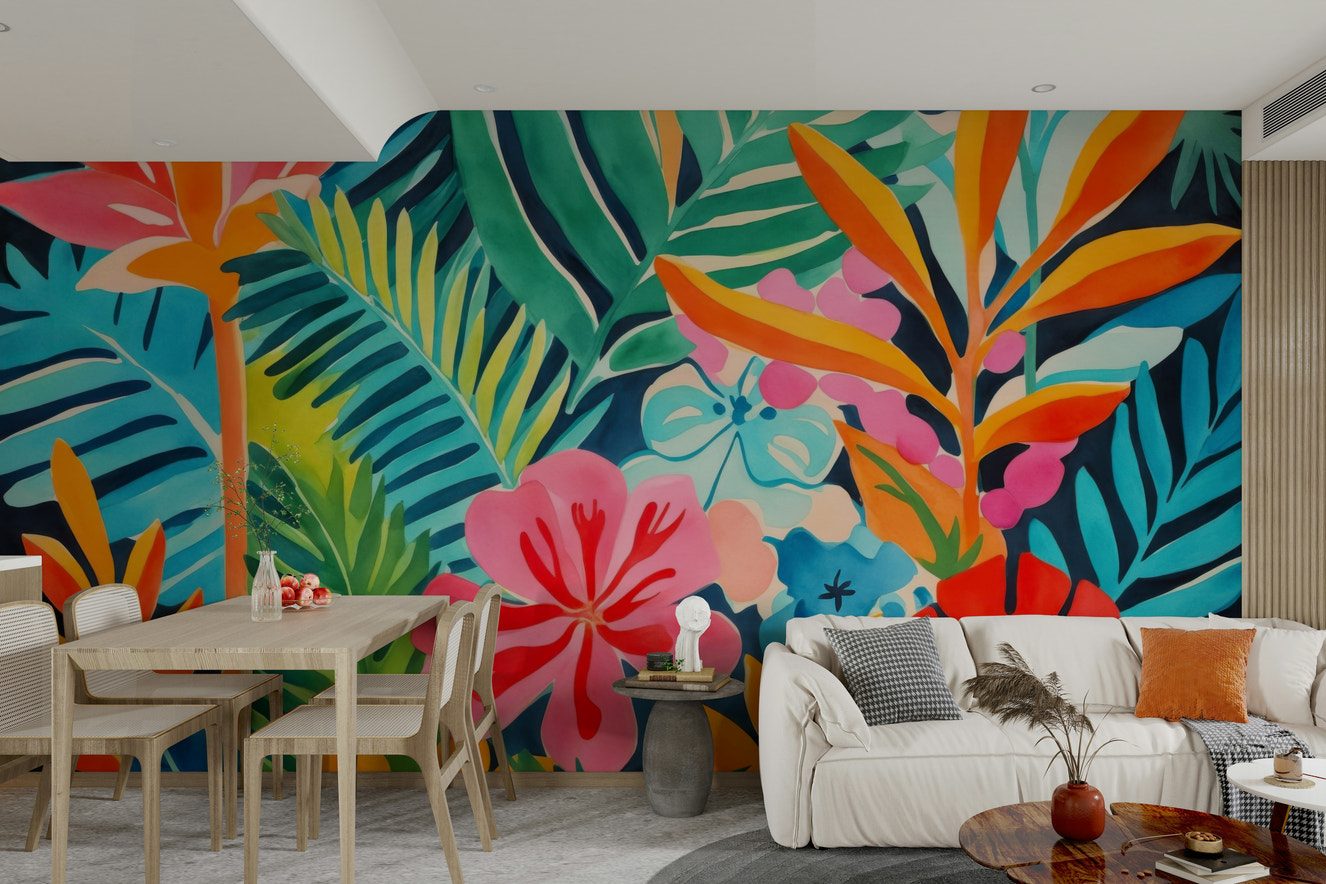Colorful Exotic Garden Escape wall mural on a living room wall

