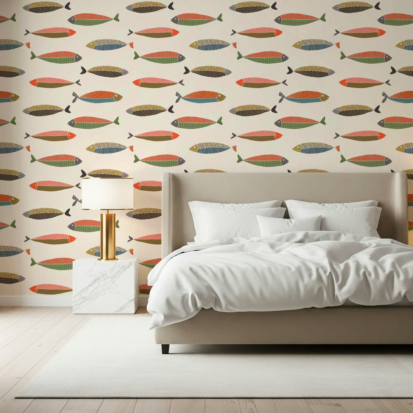 Colorful Fish Parade Wallpaper featuring schools of fish for a hallway.