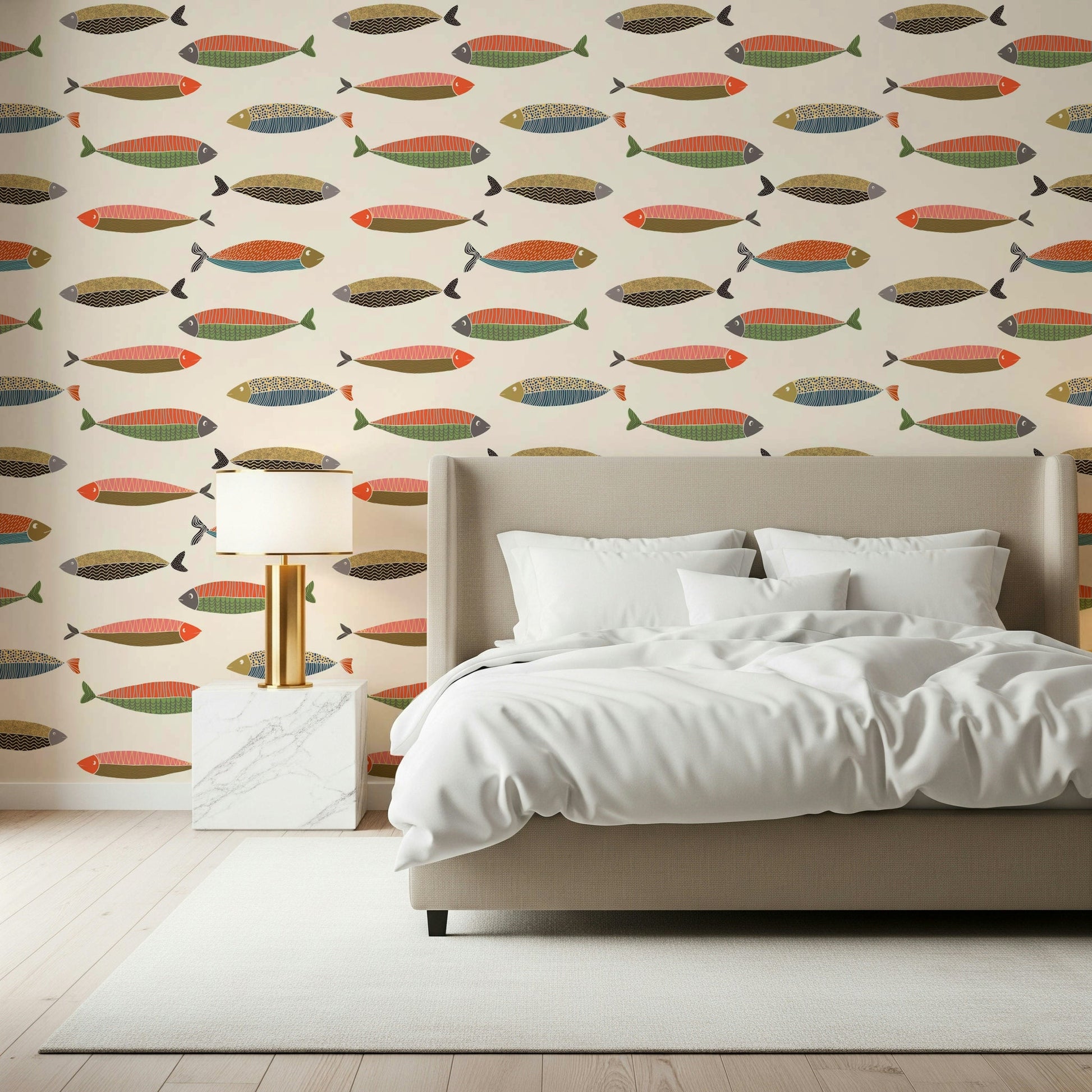 Colorful Fish Parade Wallpaper featuring schools of fish for a hallway.