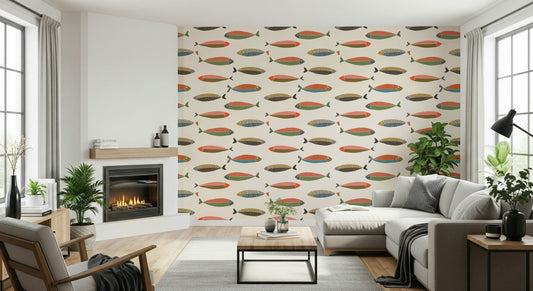 Colorful Fish Parade Wallpaper for a bright kids bedroom feature wall.