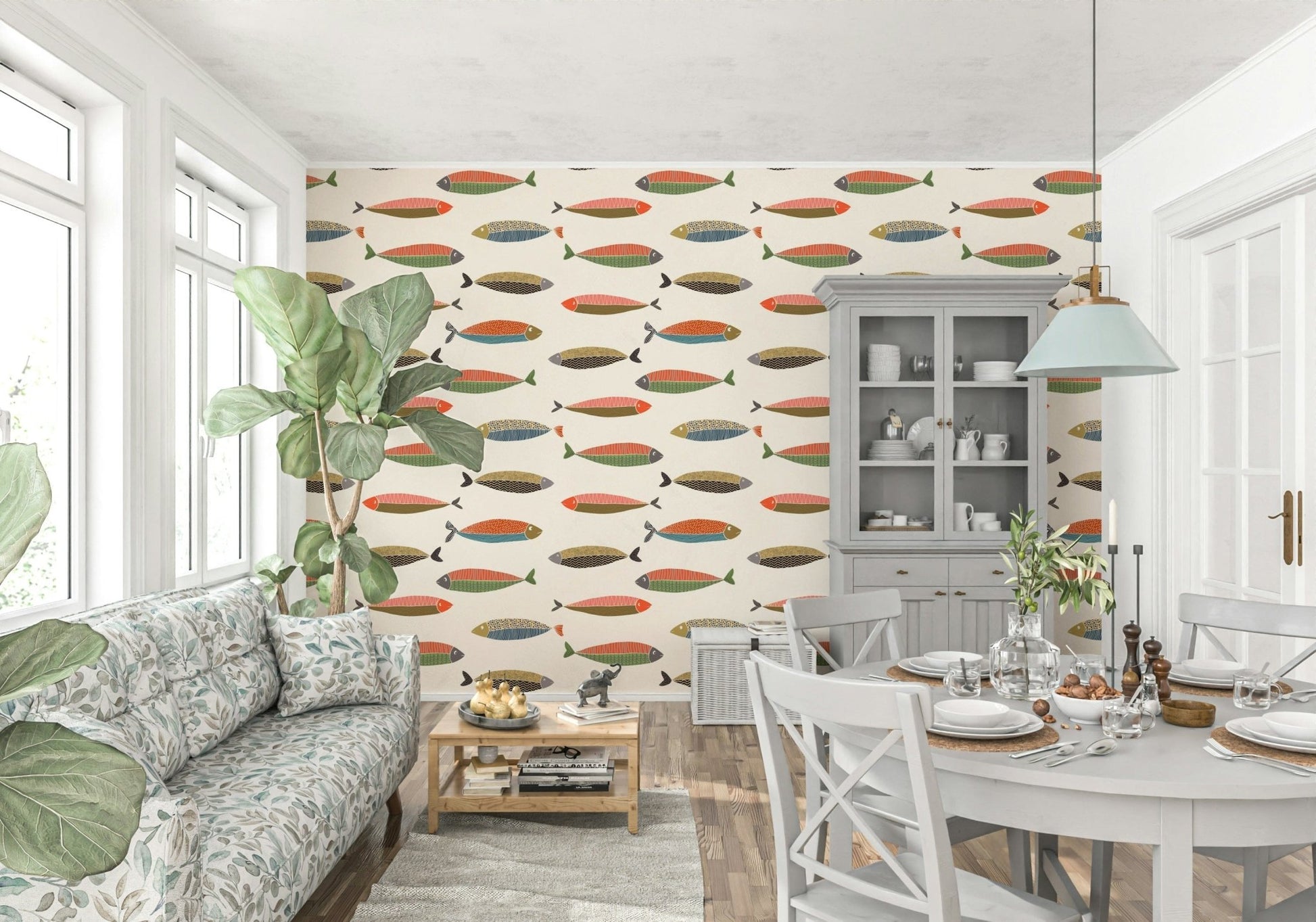 Cheerful aquatic wall mural in blue and orange for a kitchen wall.