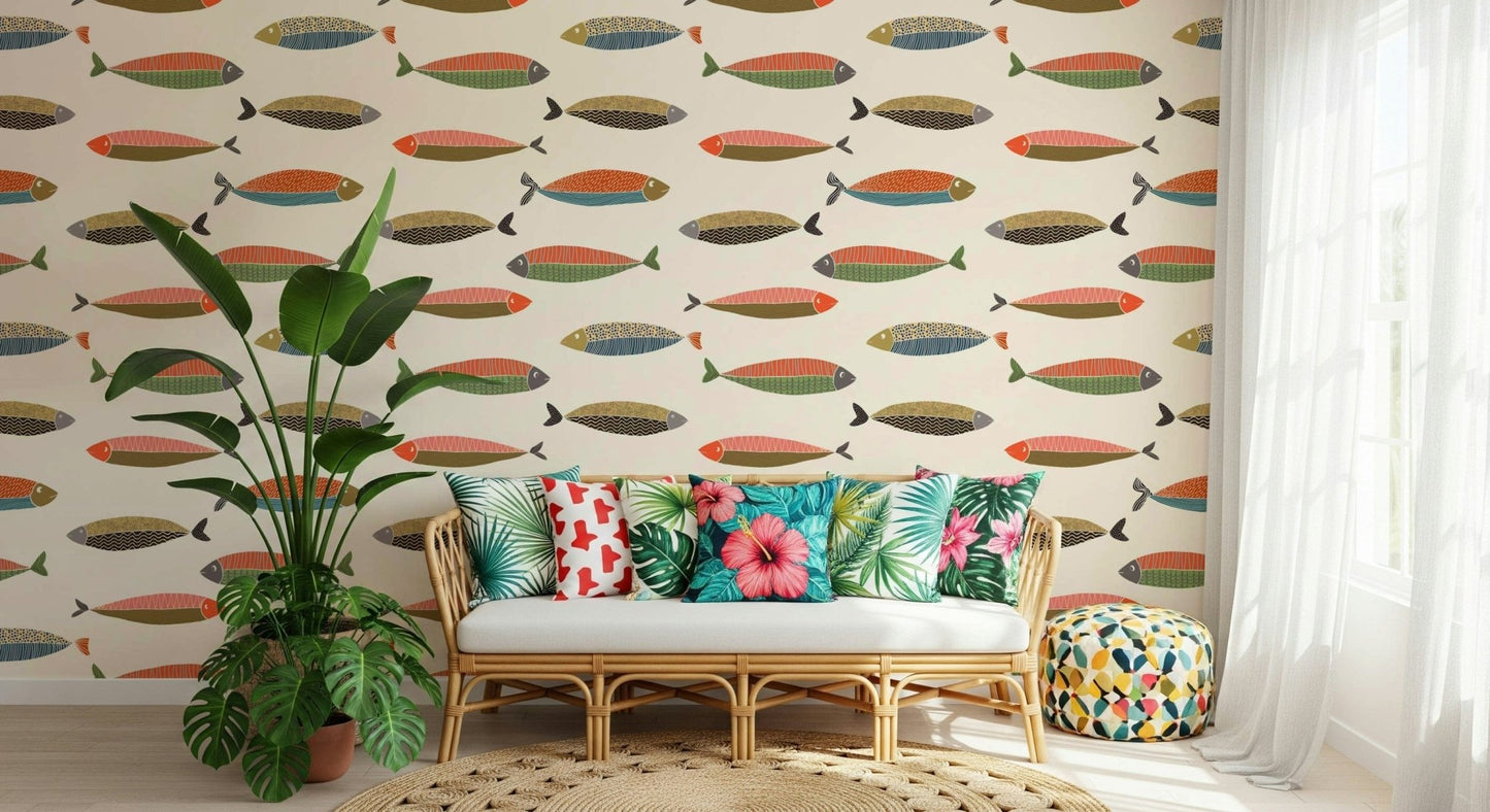 Vibrant aquatic life wall mural with tropical fish for a modern bathroom.