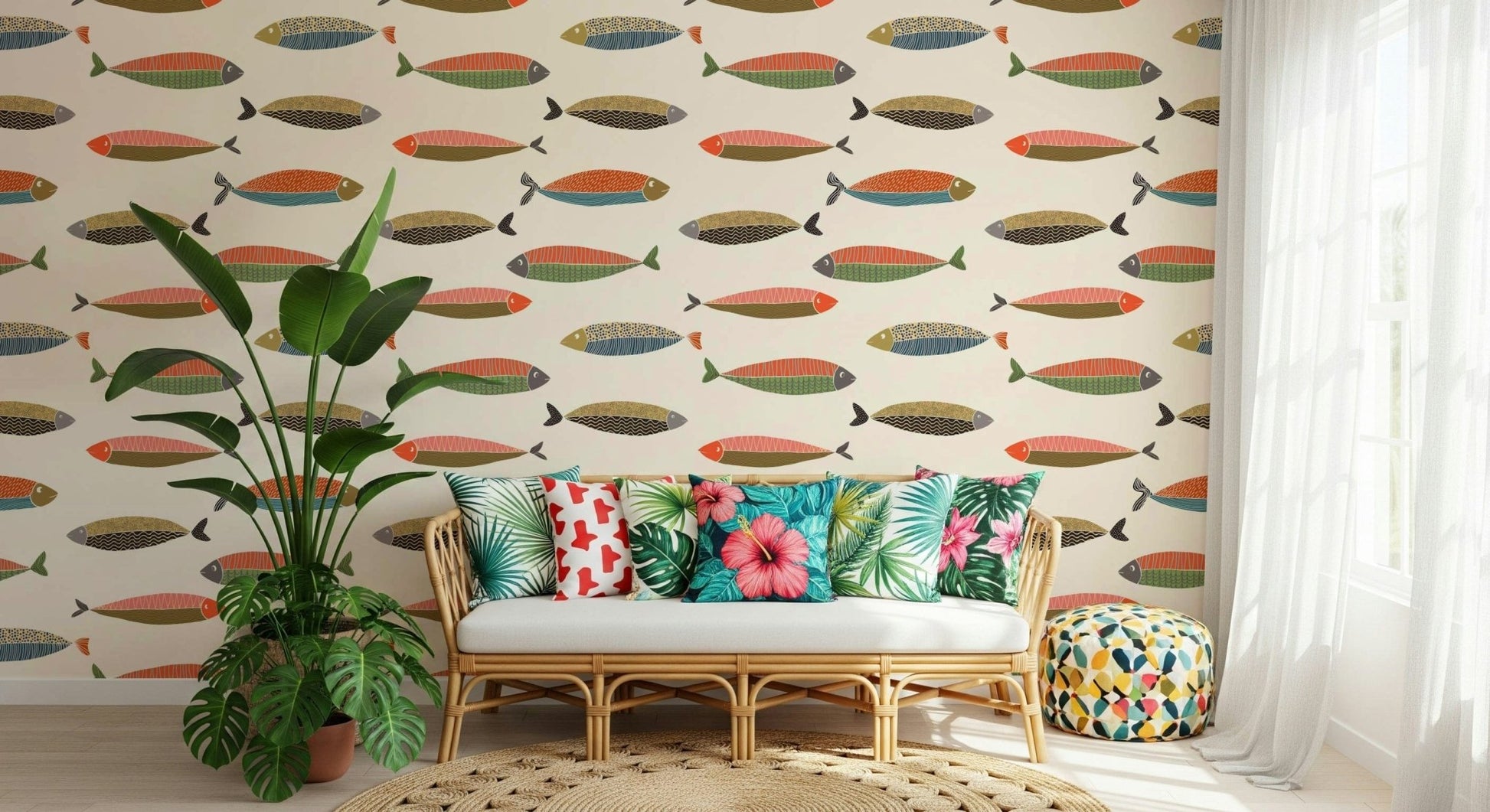 Vibrant aquatic life wall mural with tropical fish for a modern bathroom.