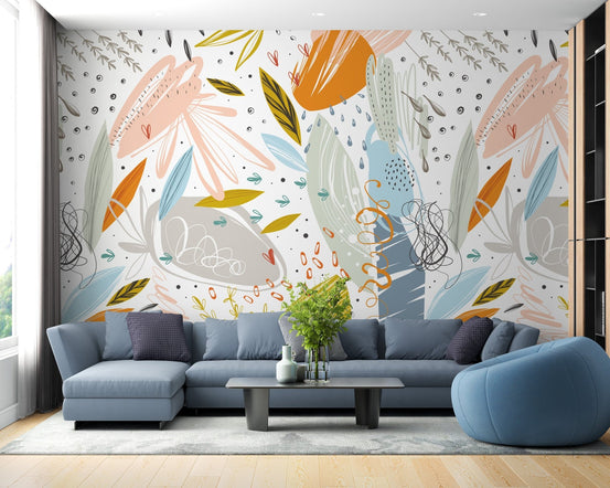 Colorful floral doodle mural design B080
