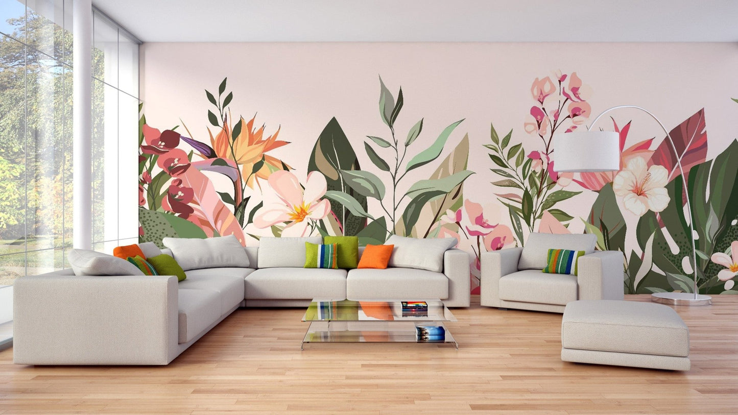 Colorful botanical wallpaper decor for living room flowers-011
