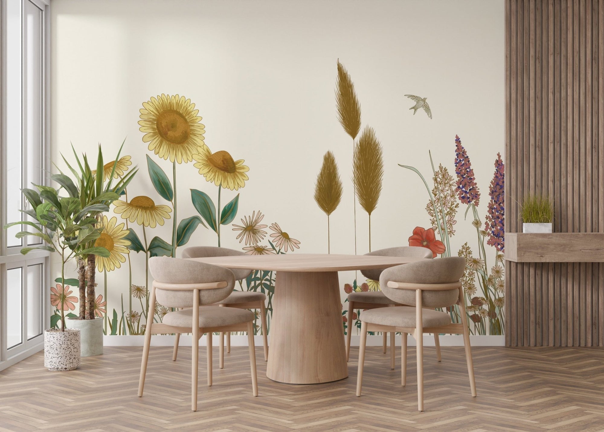Sunflower field wallpaper mural with vibrant florals, C30
