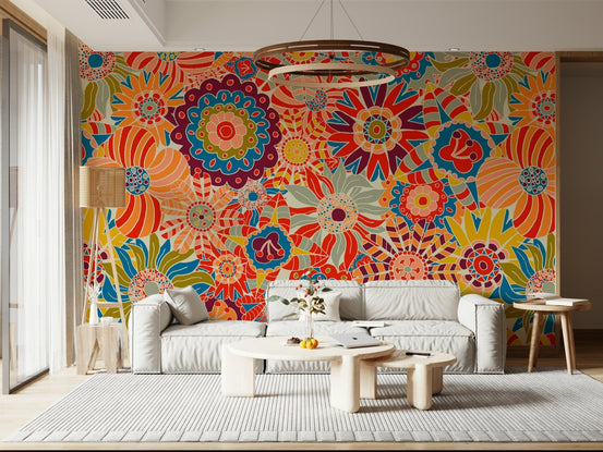 Colorful Groovy Blooms Wall Mural with retro floral pattern GD7353
