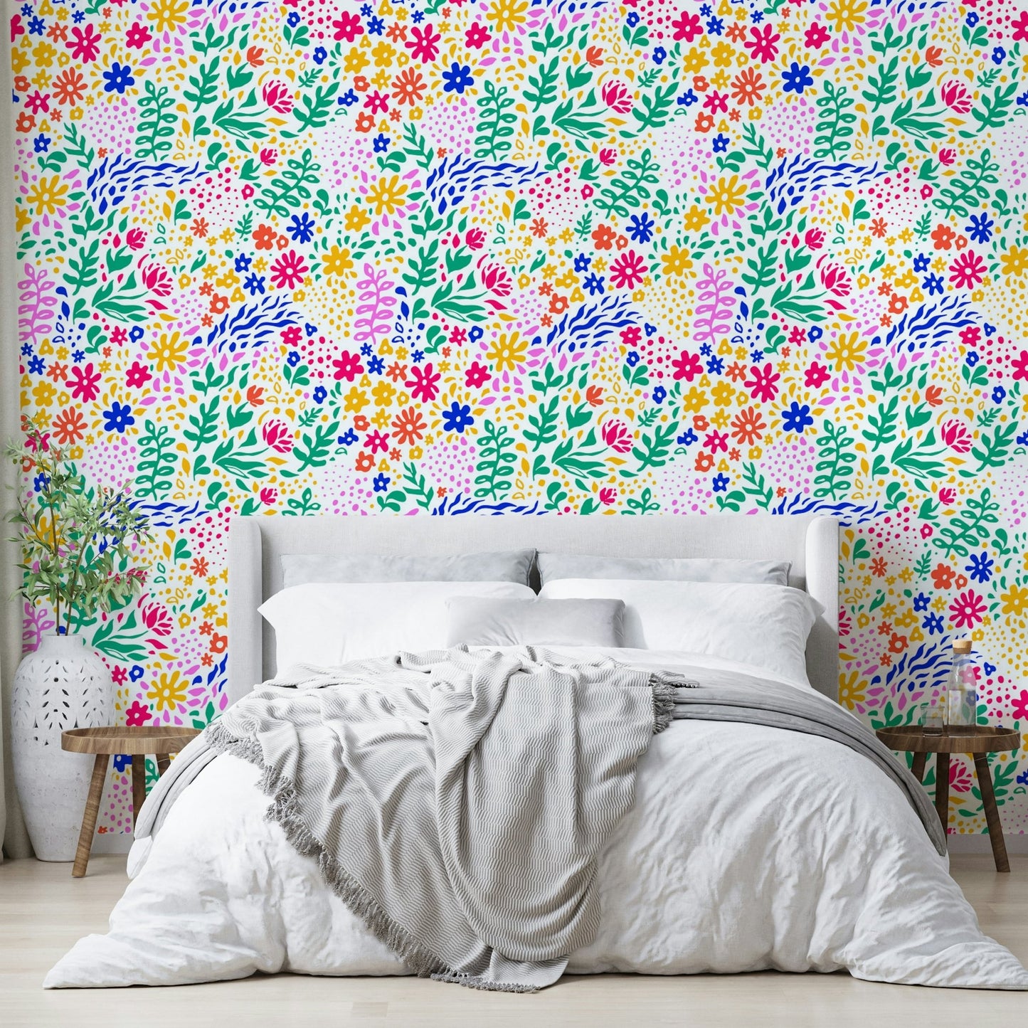 A bedroom with a unique and lively floral design

