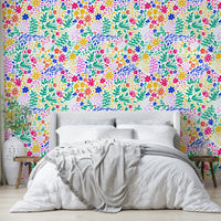 A bedroom with a unique and lively floral design


