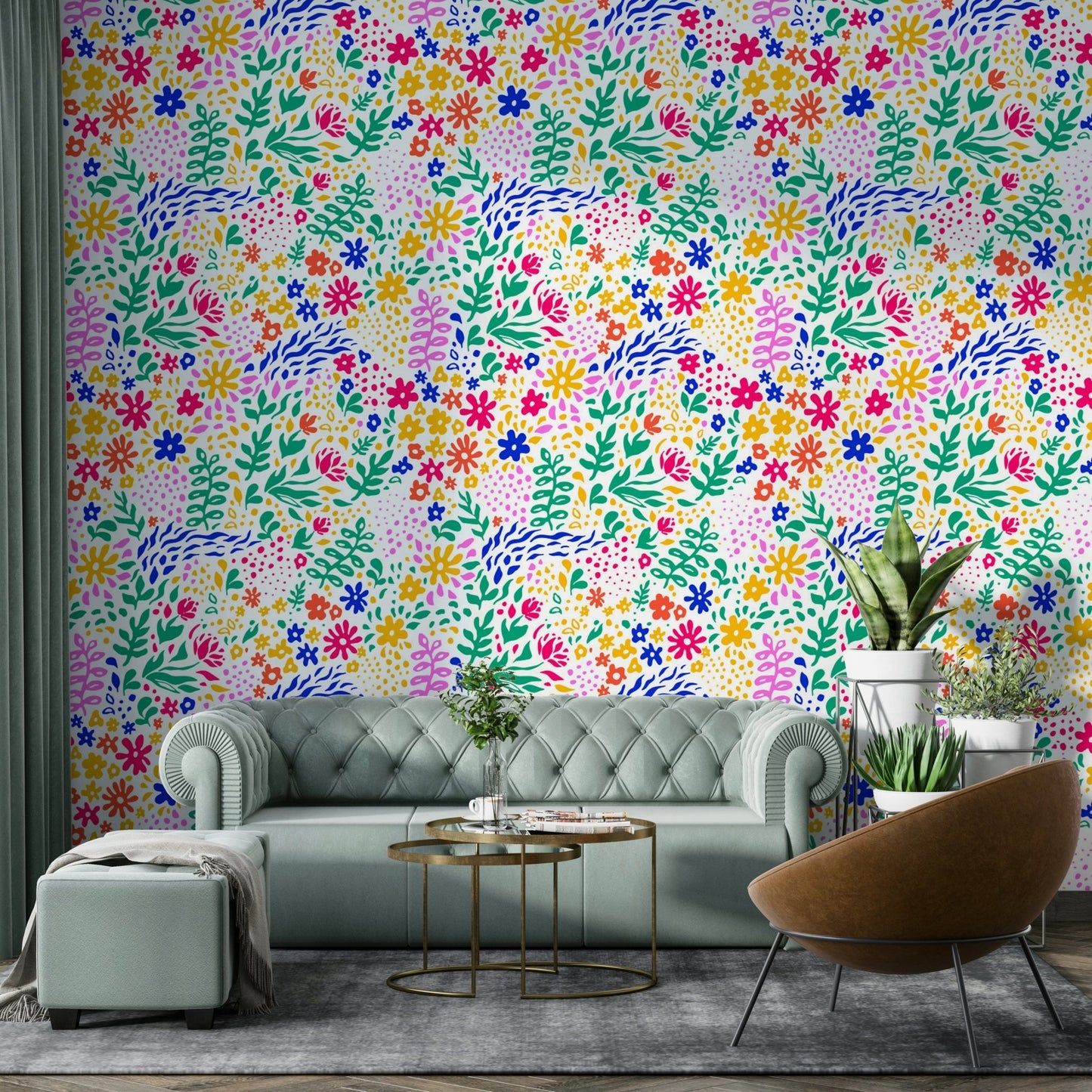 Close-up of a whimsical, hand-drawn wildflower pattern

