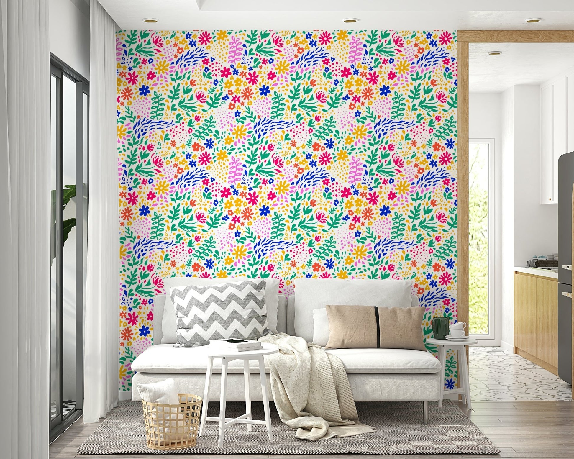 Colorful Hand Drawn Meadow Wallpaper on a living room wall

