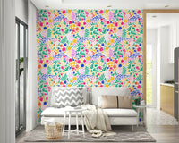 Colorful Hand Drawn Meadow Wallpaper on a living room wall

