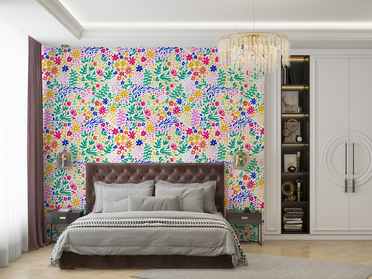 A sunroom decorated with a meadow-themed mural

