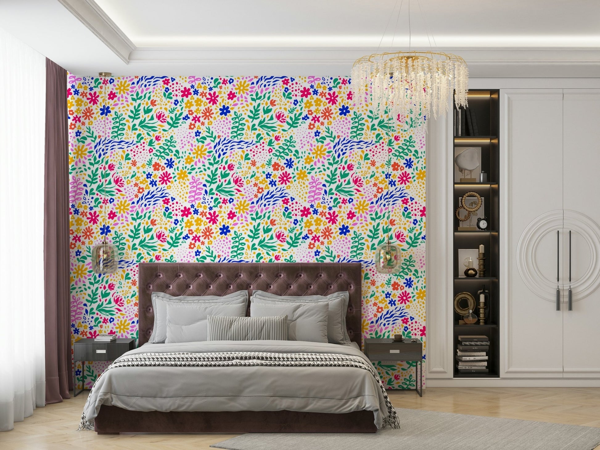 A sunroom decorated with a meadow-themed mural

