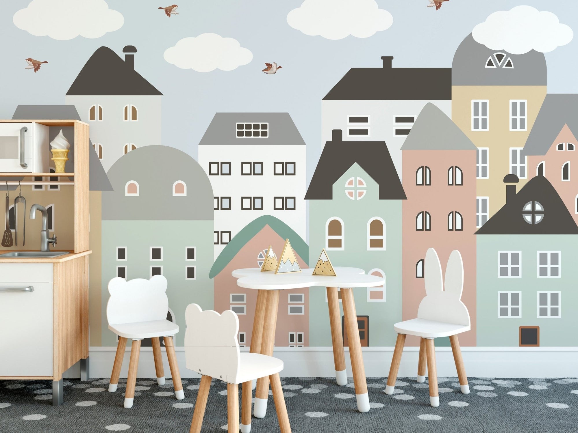Colorful nursery wallpaper with buildings A666