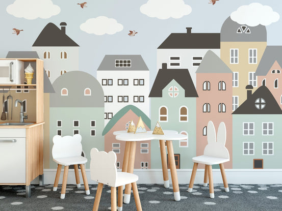 Colorful nursery wallpaper with buildings A666