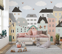 Bright city building wallpaper for nurseries A666