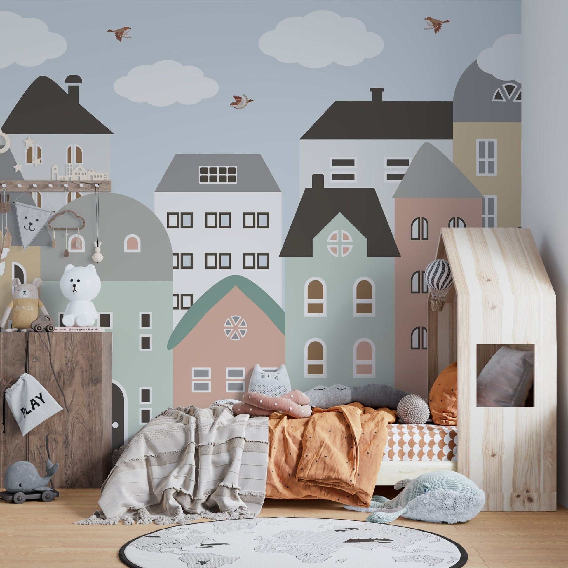 City building mural for kids room decor A666