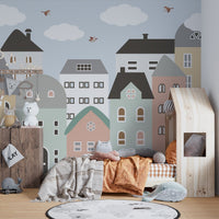 City building mural for kids room decor A666