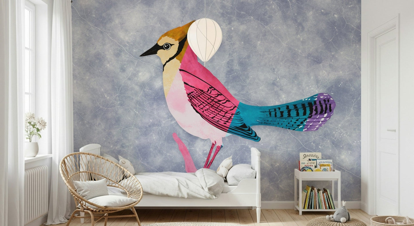Colorful Jay Wall Mural brightens a stylish modern living room.