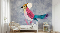 Colorful Jay Wall Mural brightens a stylish modern living room.