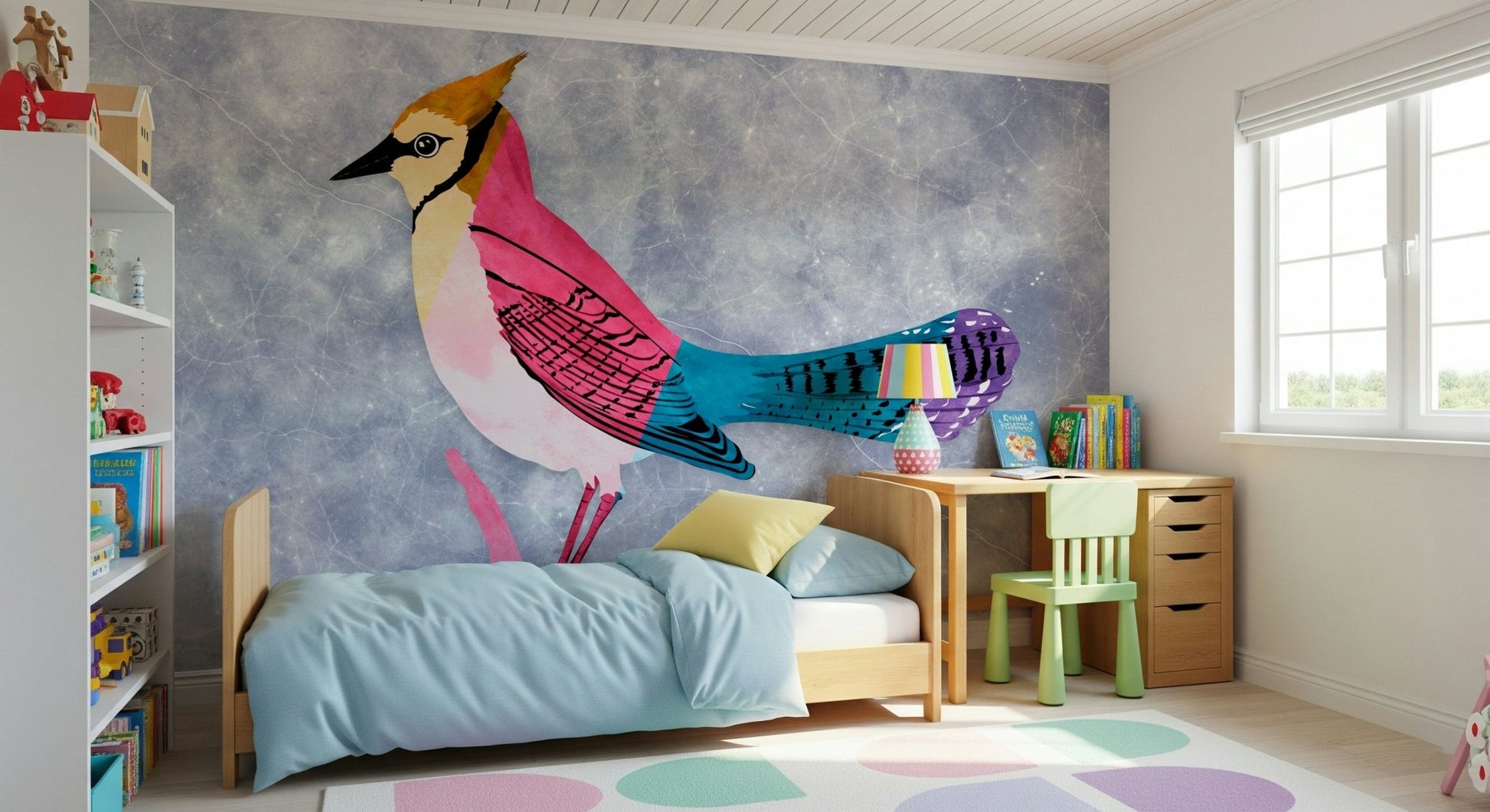 A bold, stylized bird on the Colorful Jay print background.