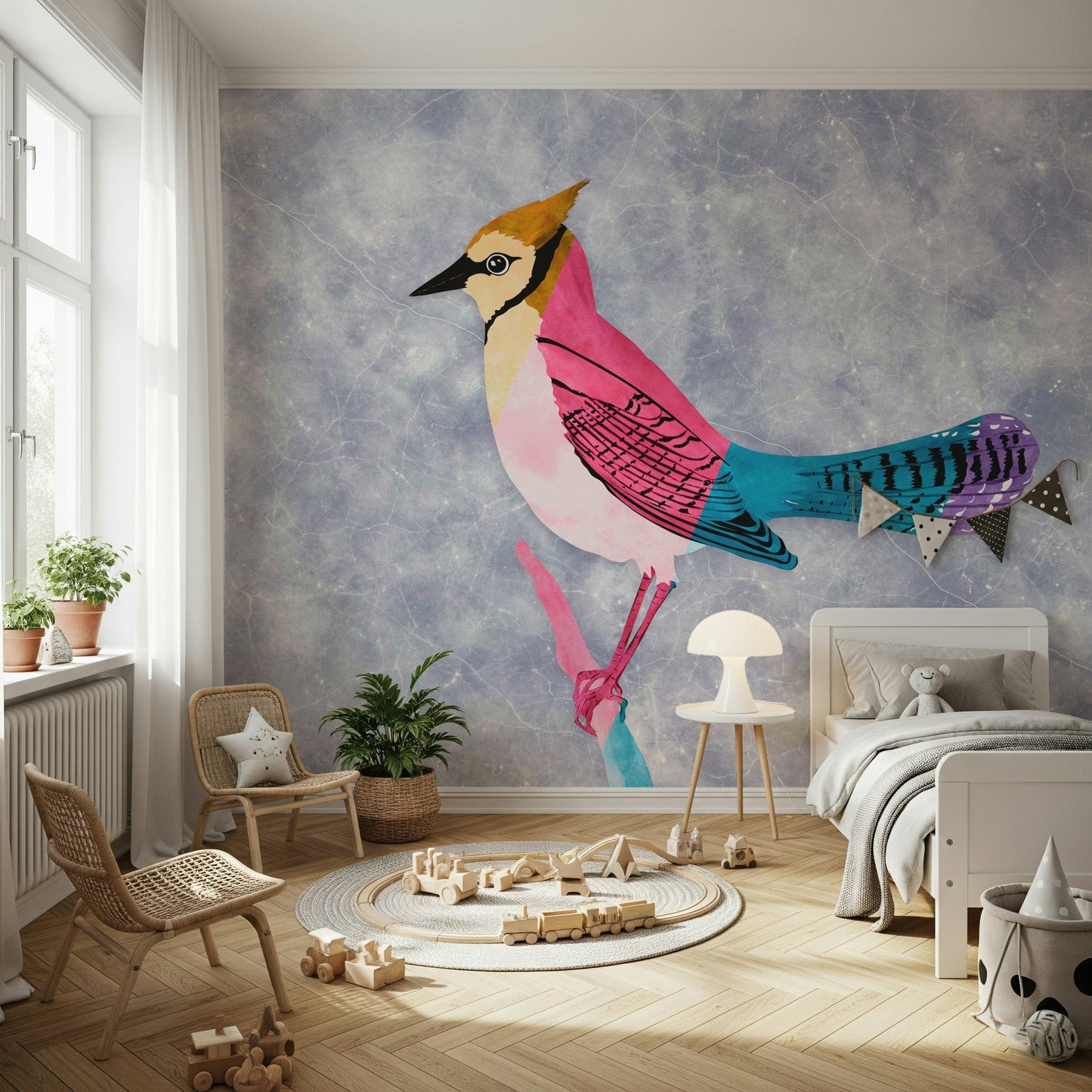 Colorful Jay peel and stick wallpaper used in a studio space.