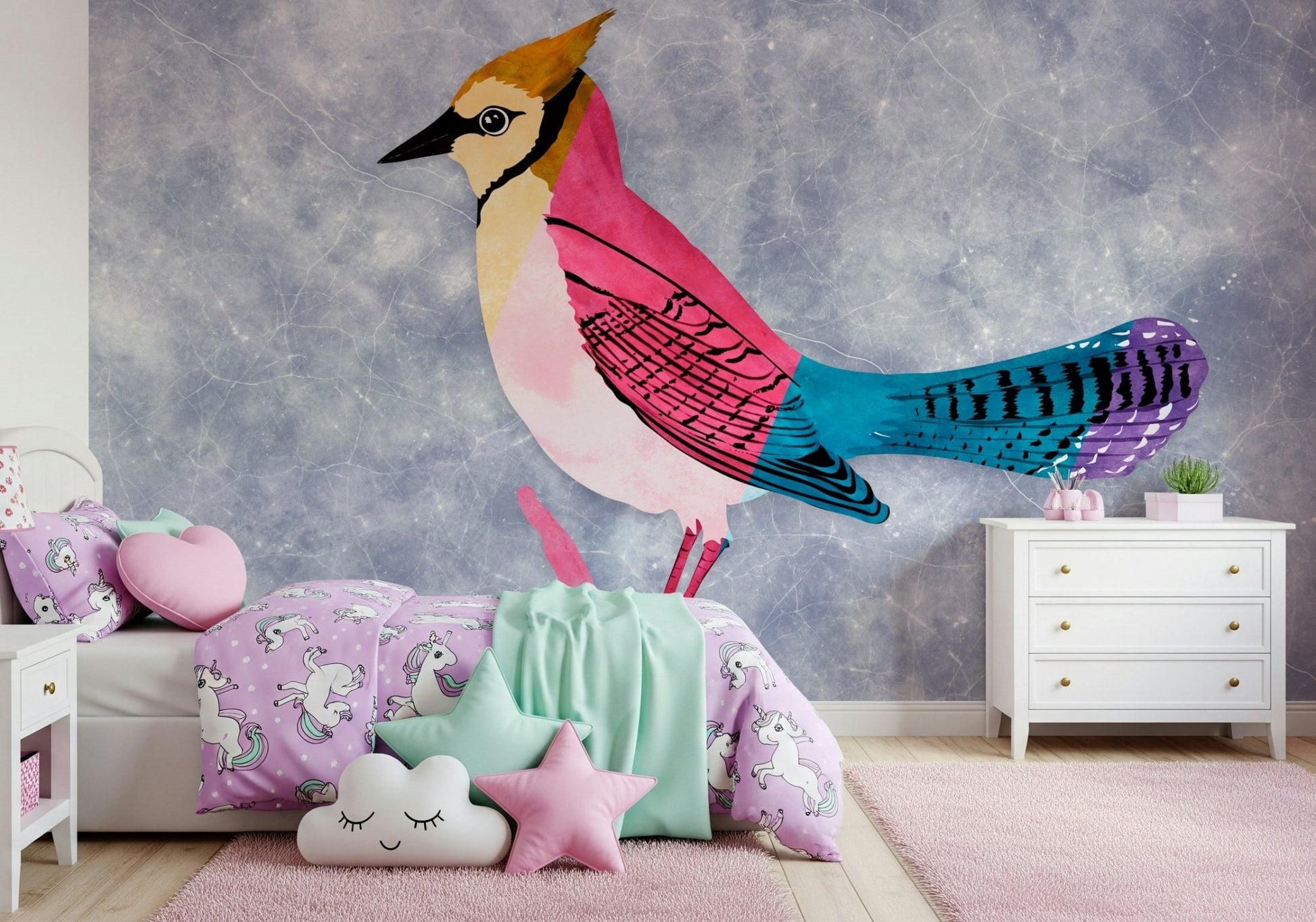 Colorful Jay wallpaper for walls behind a contemporary desk.